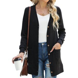 🆕Grecerelle Women Black Open Front Button Down Ribbed Knit Lightweight Sweater